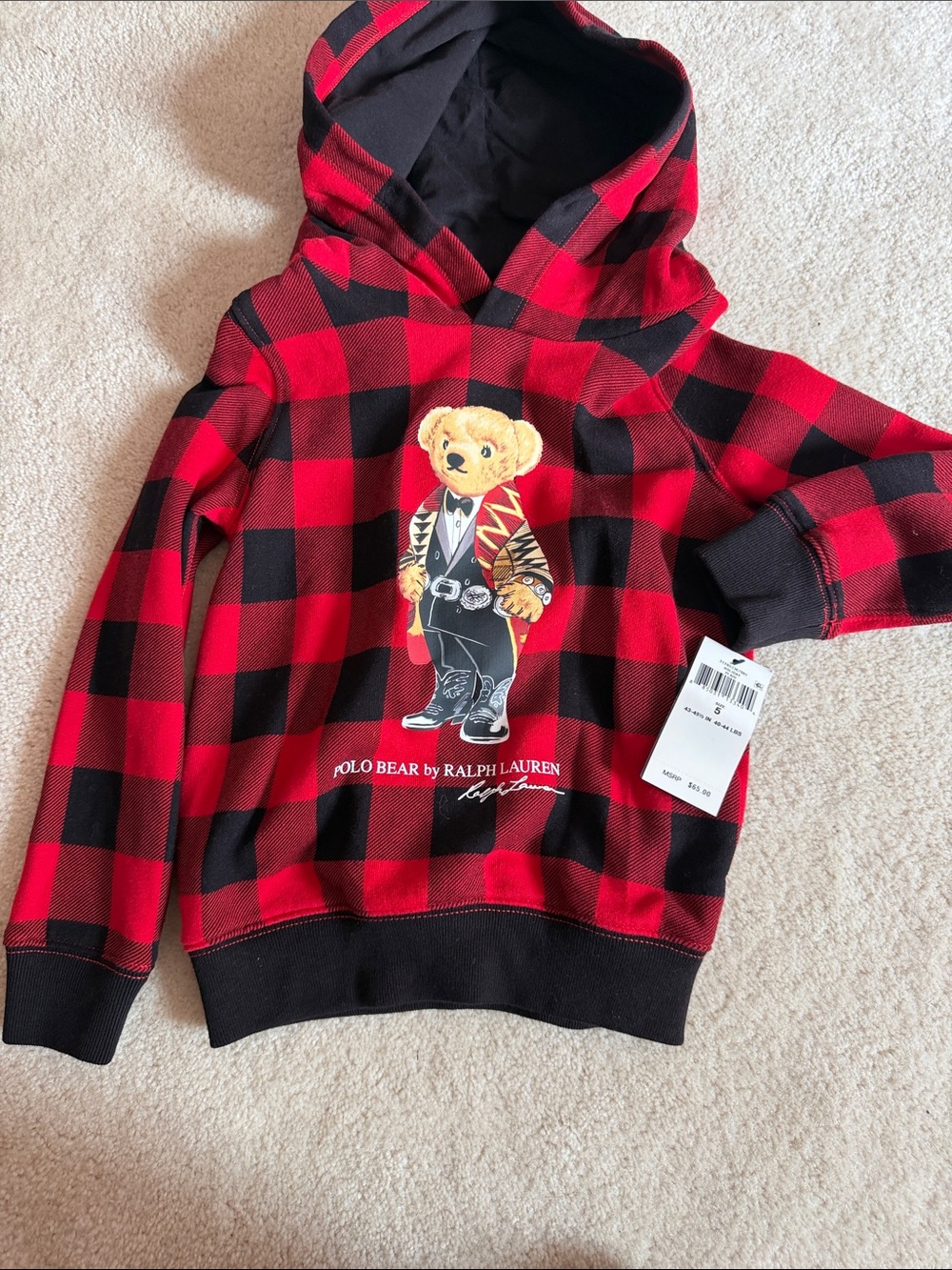 Polo Ralph Lauren Polo Bear Plaid Hoodie in Red & Black Size 5 NWT
